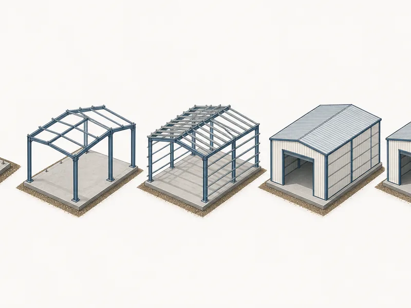 Steel building construction stages from foundation through frame erection to enclosure
