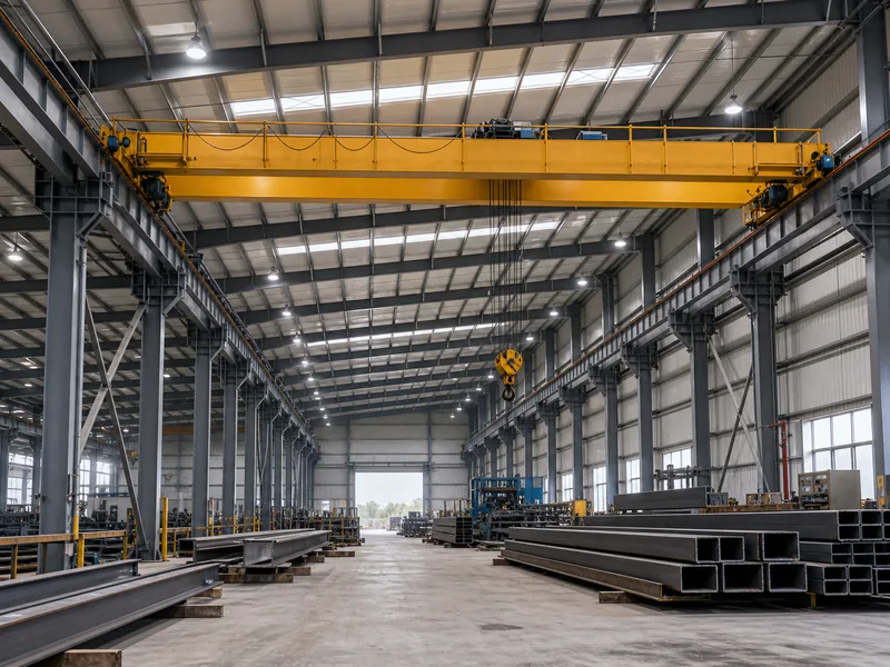 Overhead bridge crane running on steel building crane beam runway girders in an industrial workshop bay