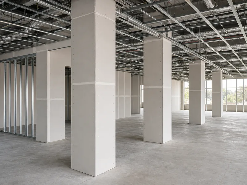 Steel columns boxed in fire-rated board encasement in a commercial interior, a steel building fire protection method for rated walls