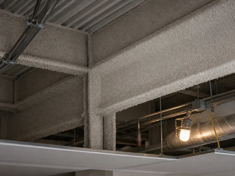 Spray-applied fire-resistive material coating concealed steel beams above a ceiling for steel building fire protection