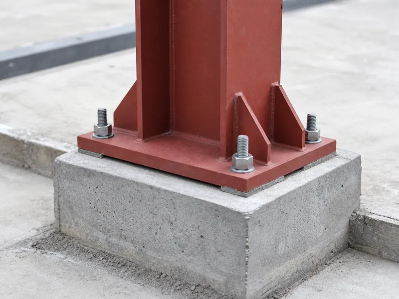 Steel column base plate anchored to a concrete footing with bolts
