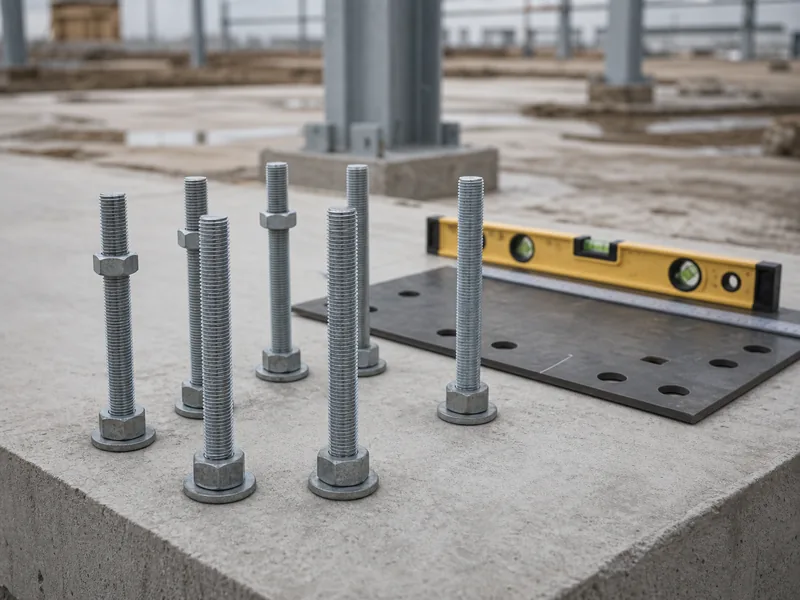 Anchor bolts set in a cured concrete slab matching the steel building