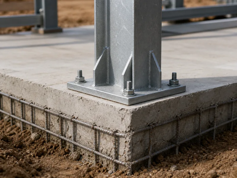 Concrete foundation edge with anchor bolts at a steel building column base