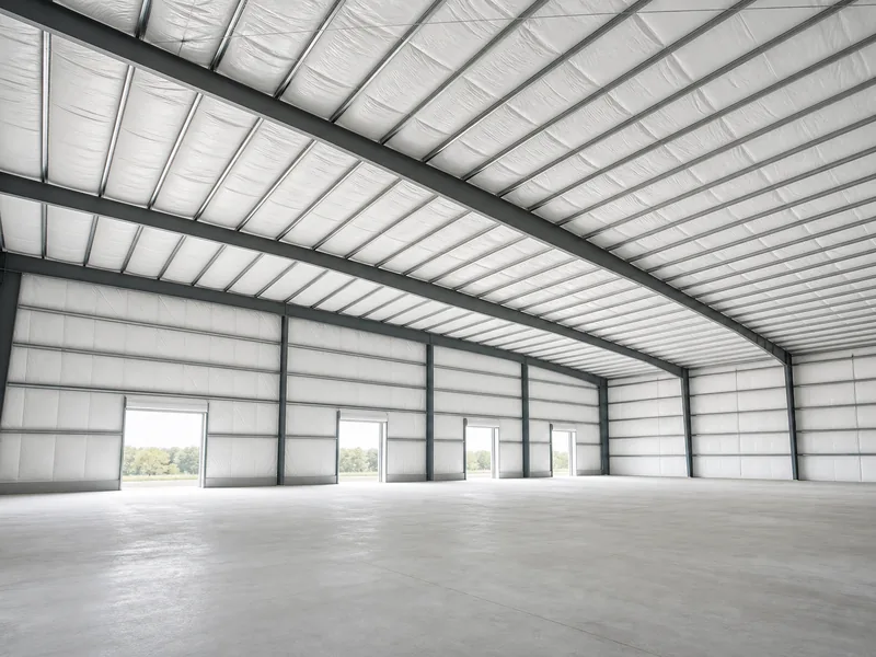 Interior of a steel building with liner system insulation across the roof framing