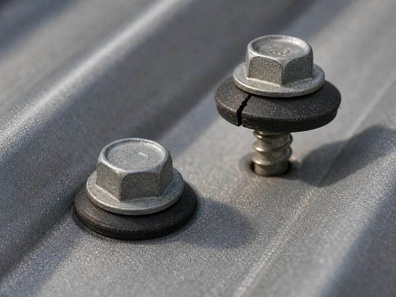 Close-up of a metal panel screw and rubber washer being checked