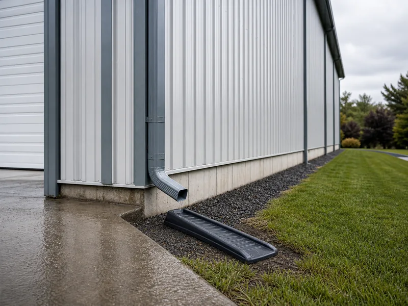 Gutter and downspout directing water clear of a steel building wall base