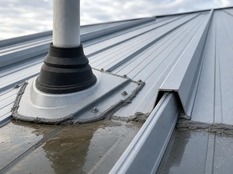 Standing-seam metal roof seam and flashing penetration inspected for leaks during