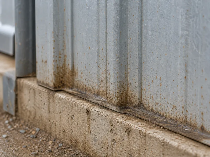 Lower wall panel of a steel building showing the splash-zone corrosion