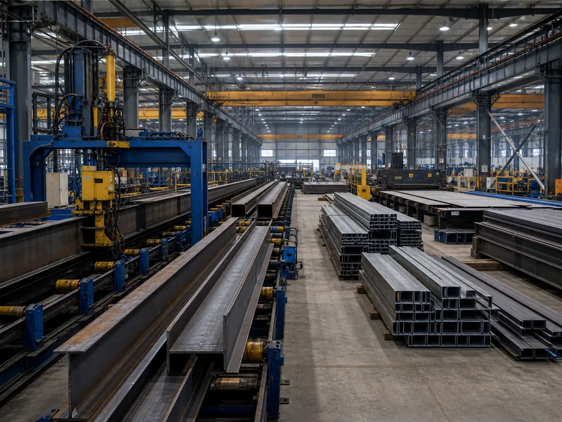 Steel building manufacturer fabrication shop with H-beam and C-section purlin production lines for metal building frames