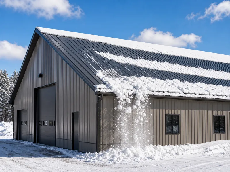 Nieve deslizándose por un techo metálico de pendiente pronunciada en un edificio de acero durante el invierno
