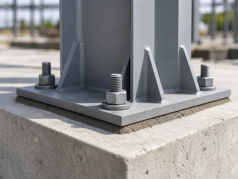 Steel column base plate bolted to a concrete slab