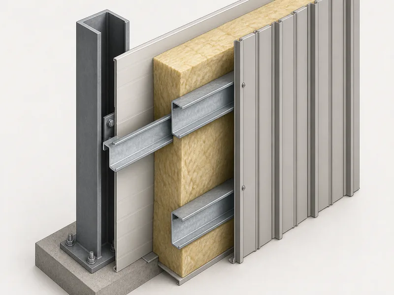 Cutaway of a steel building wall showing girts, panel, and insulation layers