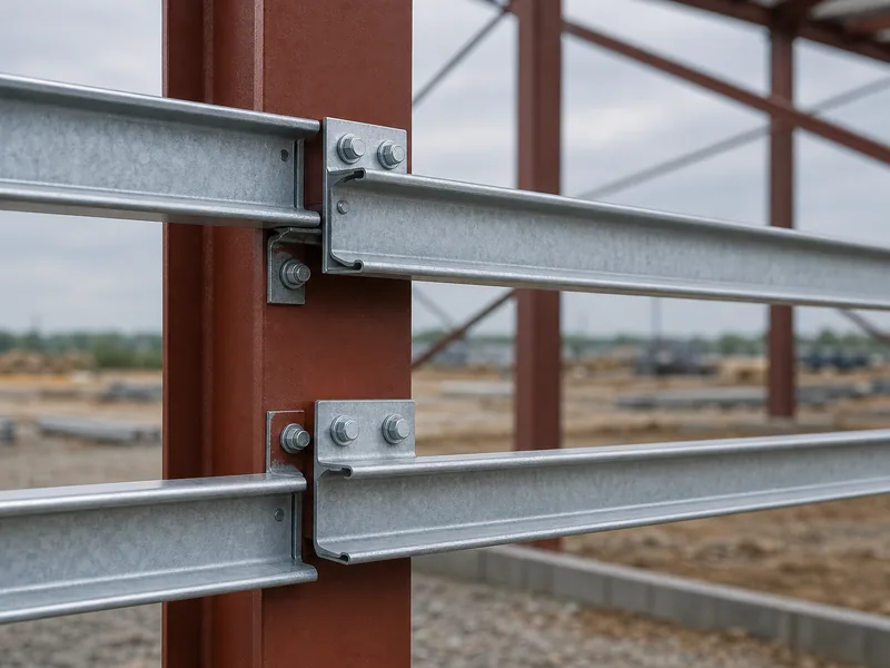 Z-section wall girts bolted to a steel column as secondary framing