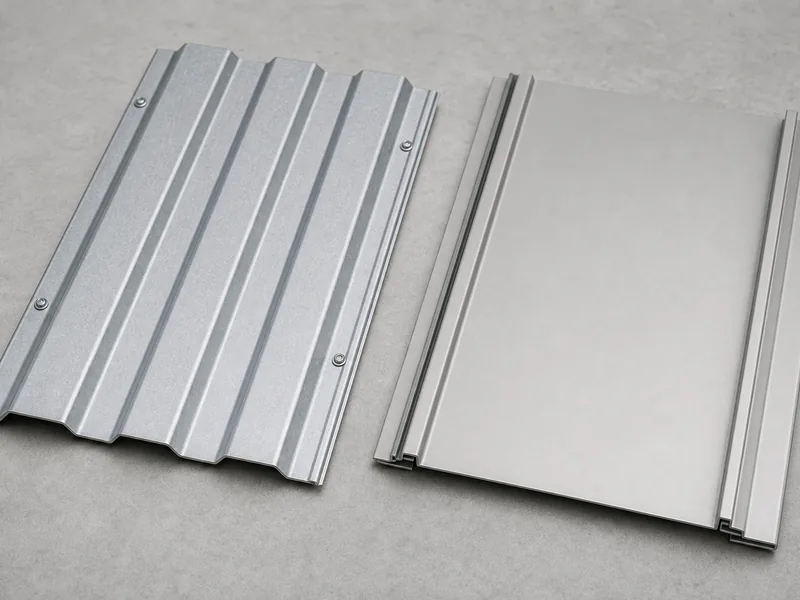 Exposed-fastener and standing seam steel building wall panels side by side
