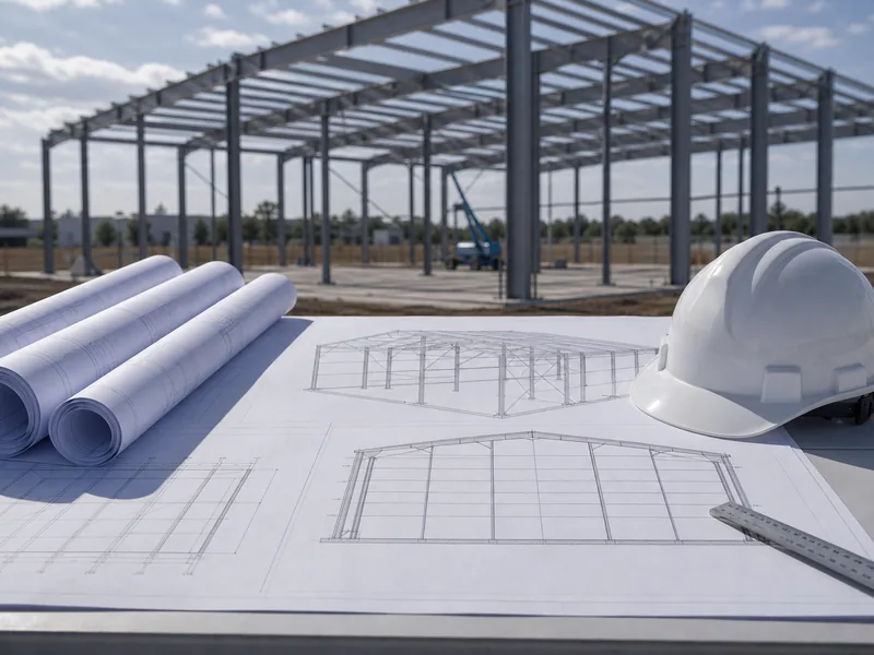 Stamped structural drawings beside a steel building frame