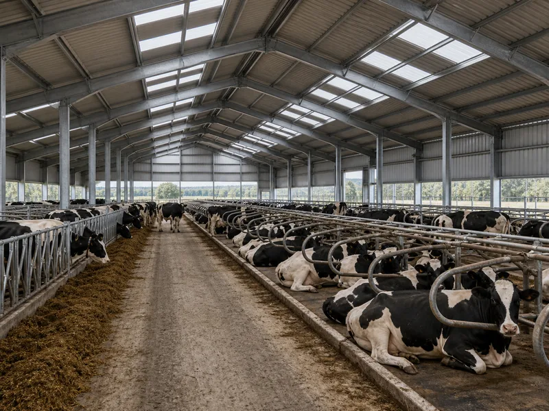 Dairy cows in free-stall cubicles inside a clad steel shed