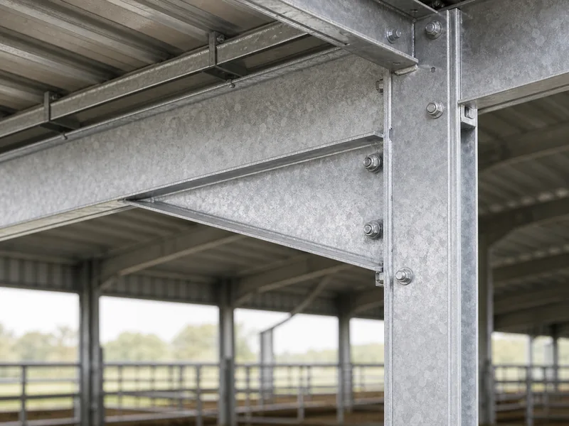 Galvanized steel portal frame and purlins of a cattle shed