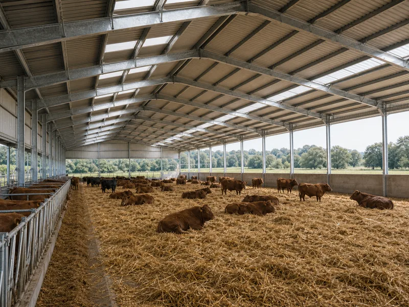 Column-free interior of a cattle barn with animals on deep straw bedding
