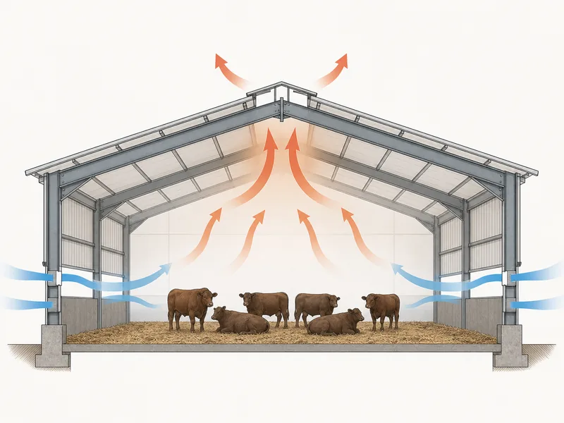 Cross-section of a cattle building showing ridge outlet and side-wall air inlets