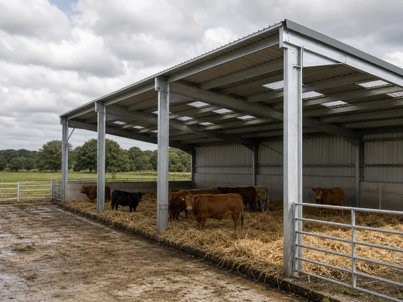 Home 58 Mono-slope steel cattle building with an open south side over a beef yard