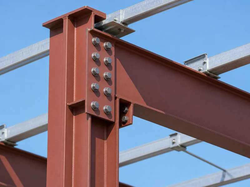 Close-up of pre-engineered steel church building frame showing an H
