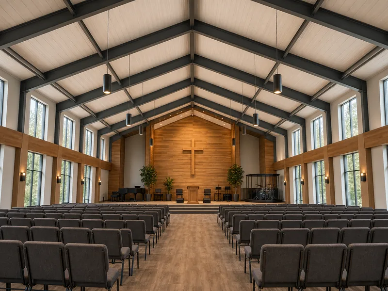 Finished steel-frame church sanctuary interior