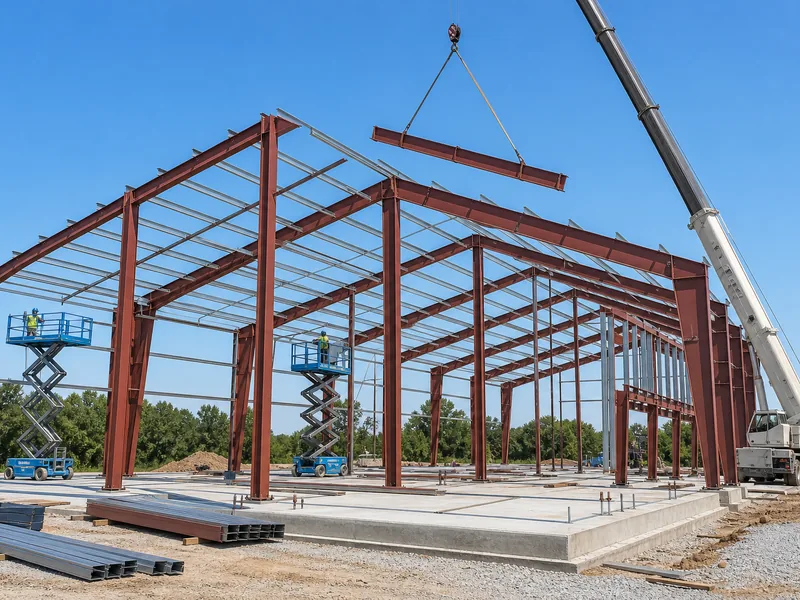 Steel church frame being erected on a concrete foundation