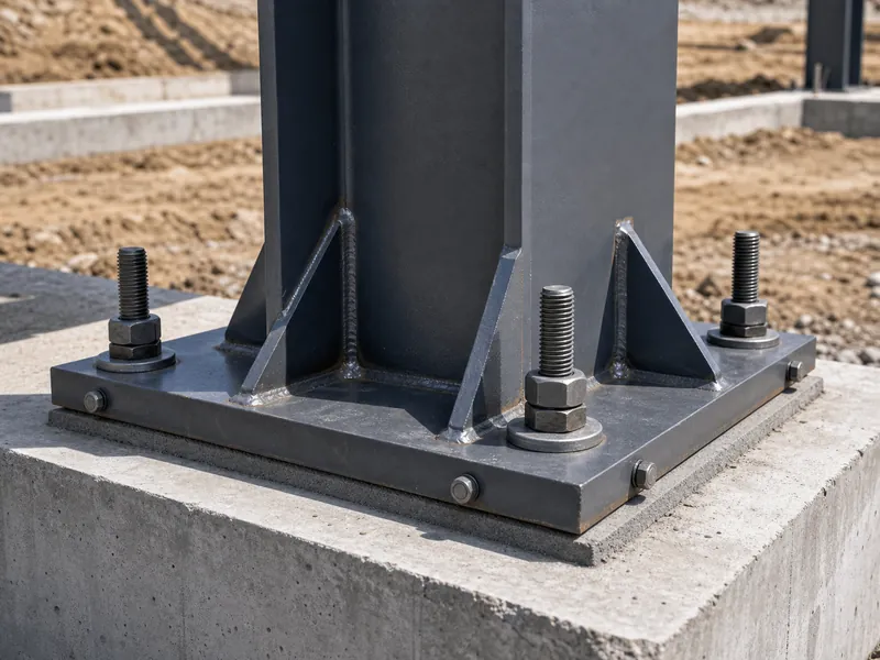 Placa de base de coluna de aço aparafusada à fundação de concreto, onde ocorrem as reações de carga e a transferência de sobrecarga