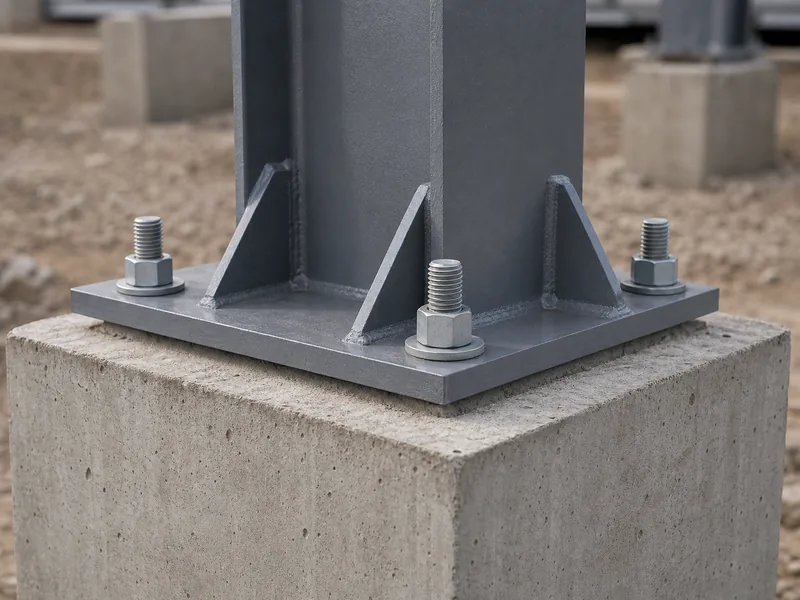 Steel column base plate bolted to anchor bolts on a concrete pier