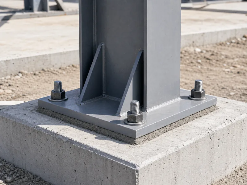 Steel column base plate fixed to concrete with anchor bolts