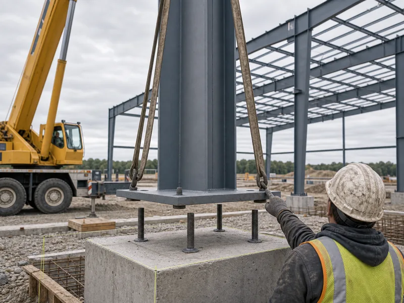Équipe alignant une plaque de base de poteau en acier sur ses tiges d'ancrage lors du montage
