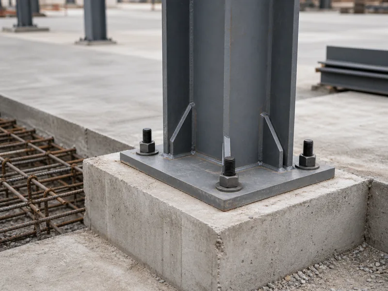 Steel column base plate bolted to a concrete warehouse foundation