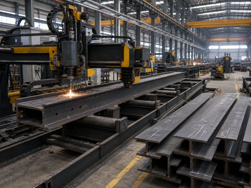 Fabrication shop H-beam line cutting marked steel members from a marking plan