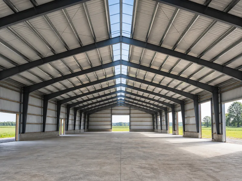Column-free interior of a clear-span steel barn ready for equipment