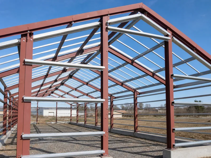 Steel rigid frame and purlins of a farm building kit before cladding