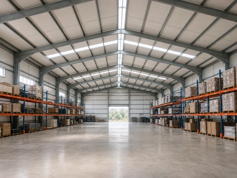 Clear-span steel frame warehouse interior