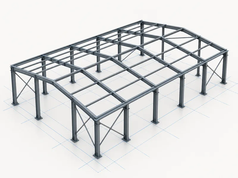 Isometric steel frame with columns and rafters set out on a structural grid