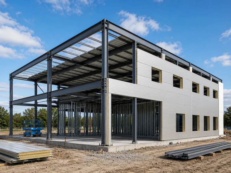 Pre-engineered steel frame with insulated metal wall panels under erection
