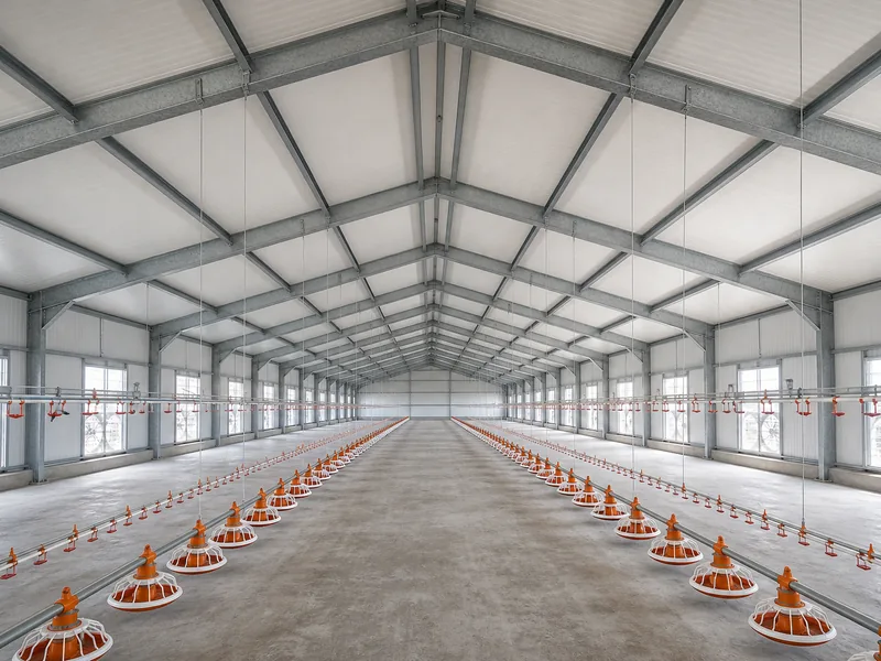 Clear-span steel frame interior of a poultry house with an open