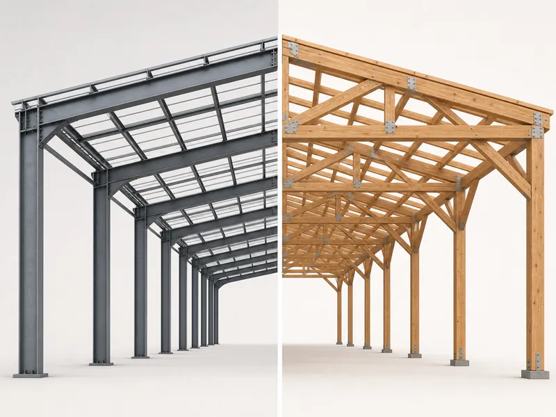 Estructura rígida de acero junto a la armazón de cerchas de madera para la construcción del almacén