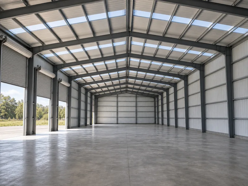 Amplio interior de almacén sin columnas cubierto por estructuras portales de acero