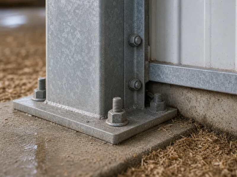Close-up of a steel base plate and fasteners near the litter
