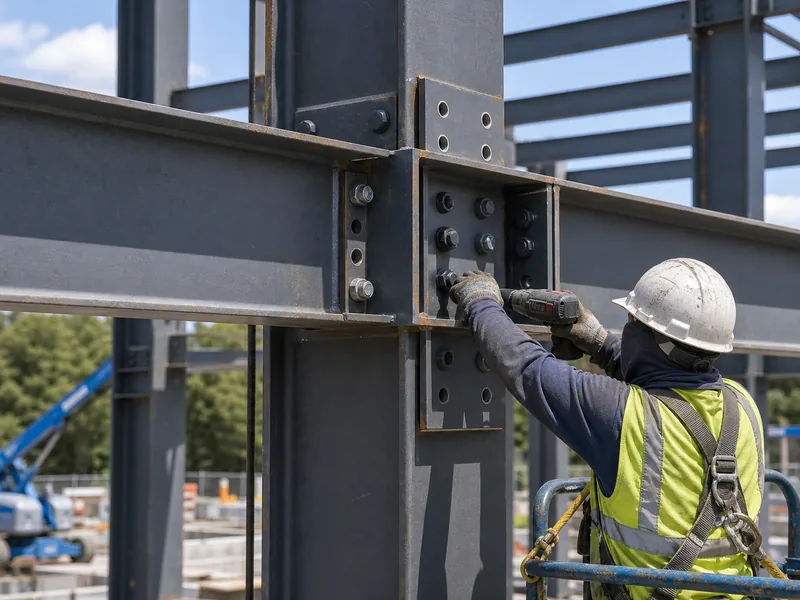 Workers bolting a pre-engineered rigid-frame connection during erection