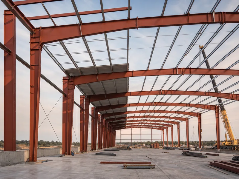 Steel rigid-frame warehouse structure being erected on site