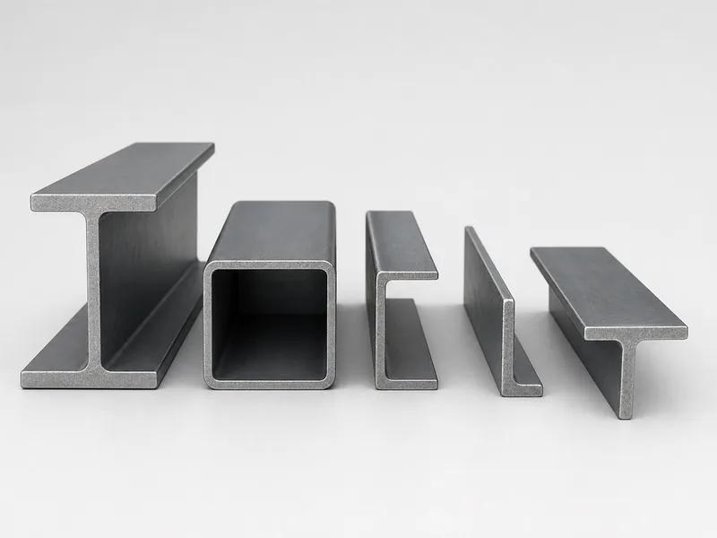 Wide-flange, HSS, channel, angle, and tee steel sections shown as profiles