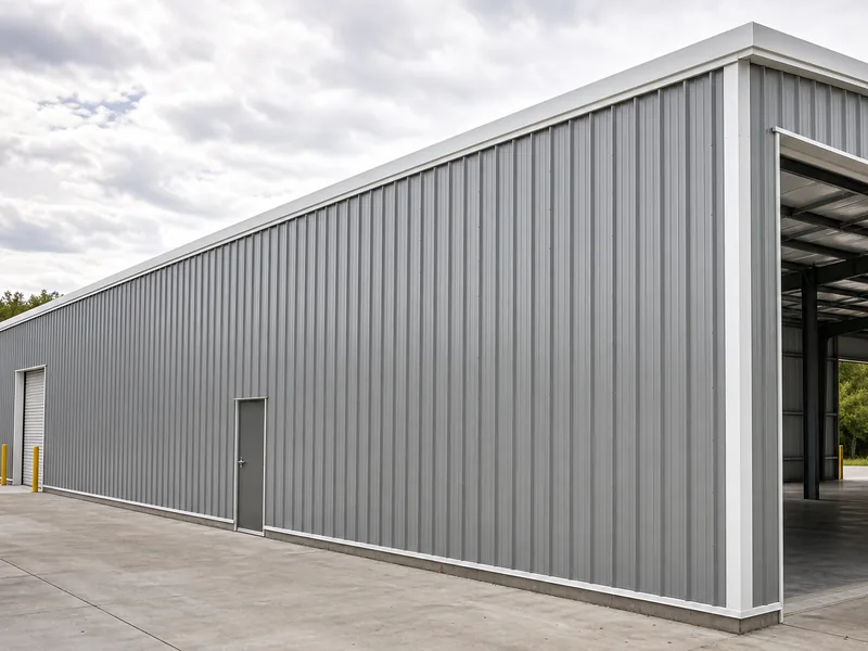 Steel siding on a commercial metal building wall with girts