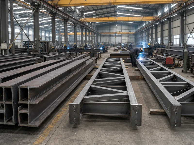 Steel structure fabrication of H-beam and truss members on a workshop