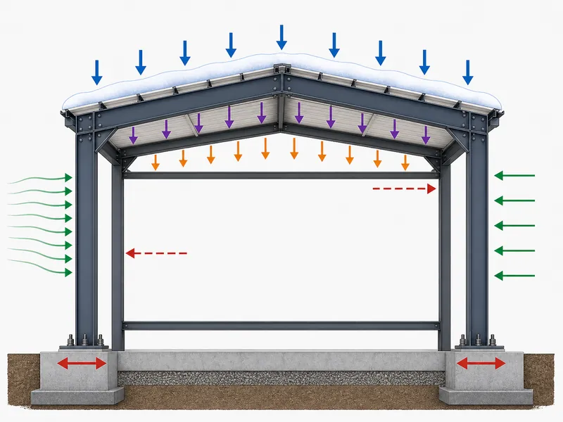 Diagrama das cargas mortas, vivas, de neve, de vento e sísmicas atuando sobre uma estrutura portal de aço