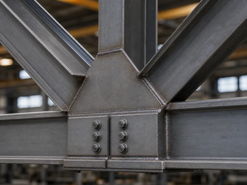 Welded gusset joint connecting chord and web members of a steel truss