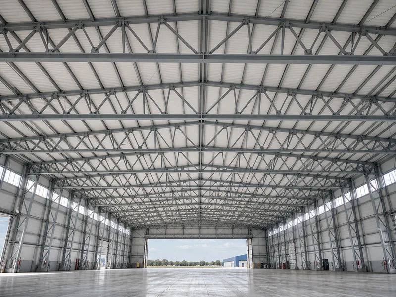Long-span steel truss roof over a column-free industrial hall